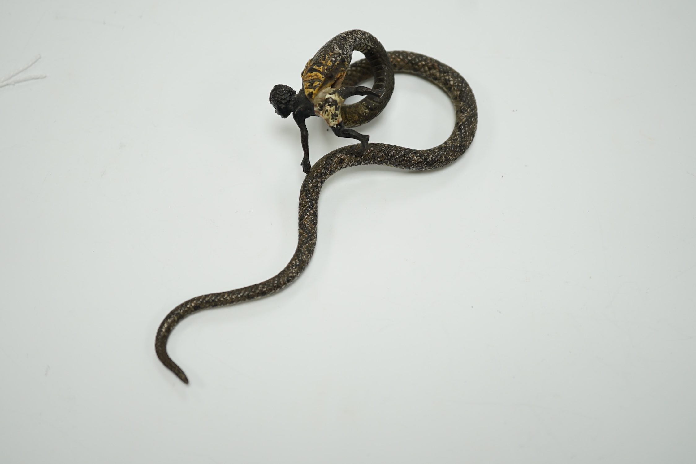 A Viennese cold painted bronze snake devouring a man, 14cm long